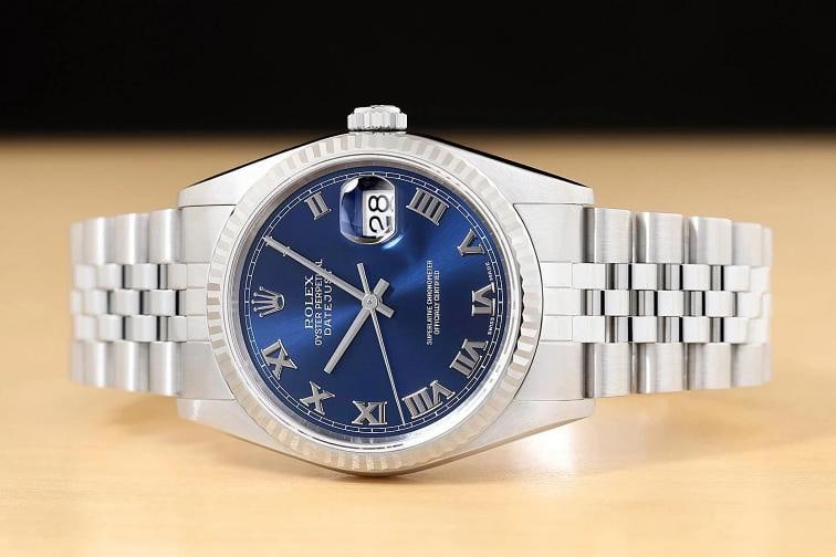 ROLEX MENS DATEJUST 16234 BLUE ROMAN DIAL 18K WHITE GOLD STEEL NO HOLES WATCH - 3