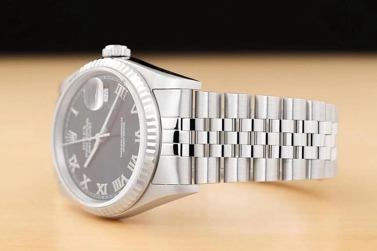 ROLEX MENS DATEJUST 16234 BLUE ROMAN DIAL 18K WHITE GOLD STEEL NO HOLES WATCH - 4