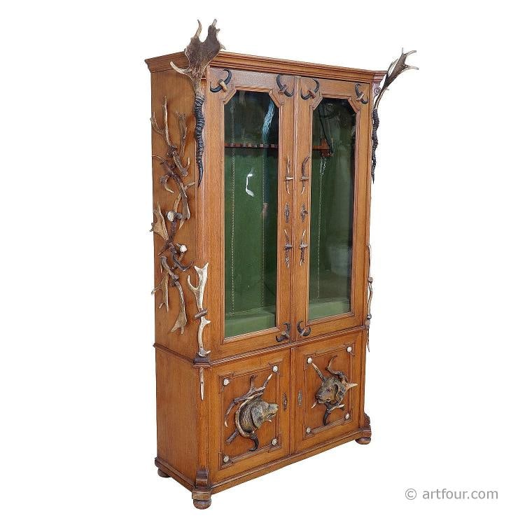 Large Black Forest Antler Gun Cabinet ca. 1900: Condition: Used,Additional Parts Required: No,Antique: Yes,Assembly Required: No,Brand: Unbranded,Color: Brown,Handmade: Yes,Item Height: 87.40,Item Length: 25.98,Item Width: 54.33,Type: