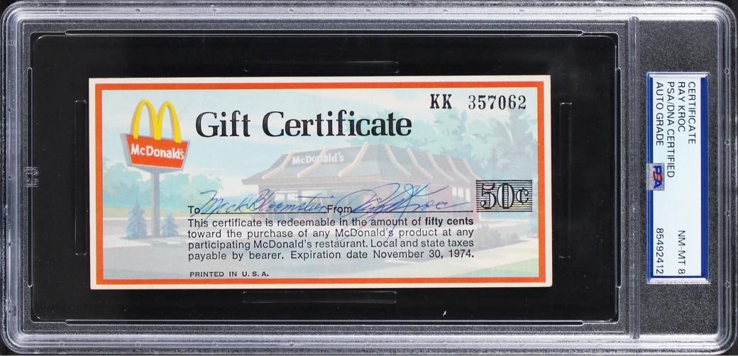 Ray Kroc McDonald's Signed 2.75x6 50 Cent 1974 Gift Certificate PSA/DNA Slabbed: Condition: Used: An item that has been used previously.. ,Autograph Authentication: PSA,Original/Reproduction: Original,PRODUCT_COA: PSA,PRODUCT_SIGNED_BY_NAME: Ray Kroc,PRODUCT_SIGNED_BY_BRAND: