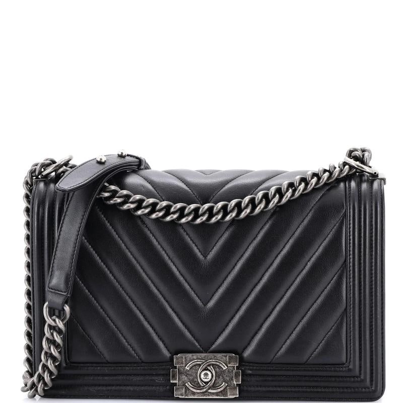 Chanel Boy Flap Bag Chevron Calfskin New Medium: Condition: Pre-owned - Good,Brand: Chanel,Exterior Material: Leather,Style: Shoulder Bags,Exterior Color: Black,Department: Women,Size: New Medium,Accessories: Authenticity Card 
