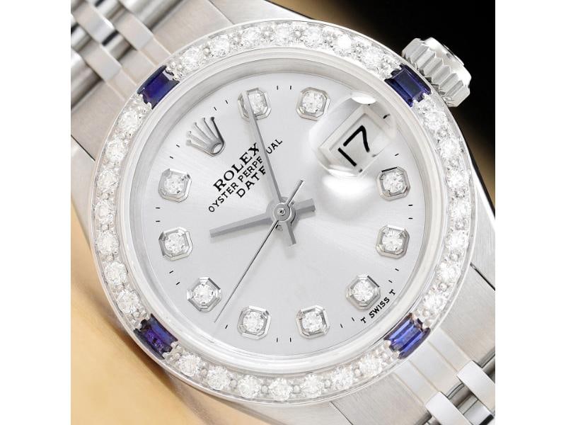 LADIES ROLEX DATE 6917 SILVER DIAL 18K WHITE GOLD SAPPHIRE DIAMOND STEEL WATCH: Condition: Pre-owned - Good,Bezel Color: Silver,Max Wrist Size: 6.26-6.75 in,Number of Jewels: 28 Jewels,Indices: Diamond Markers, 12-Hour Dial, Seconds Hand,Band: Custom Stainless Steel Jubilee