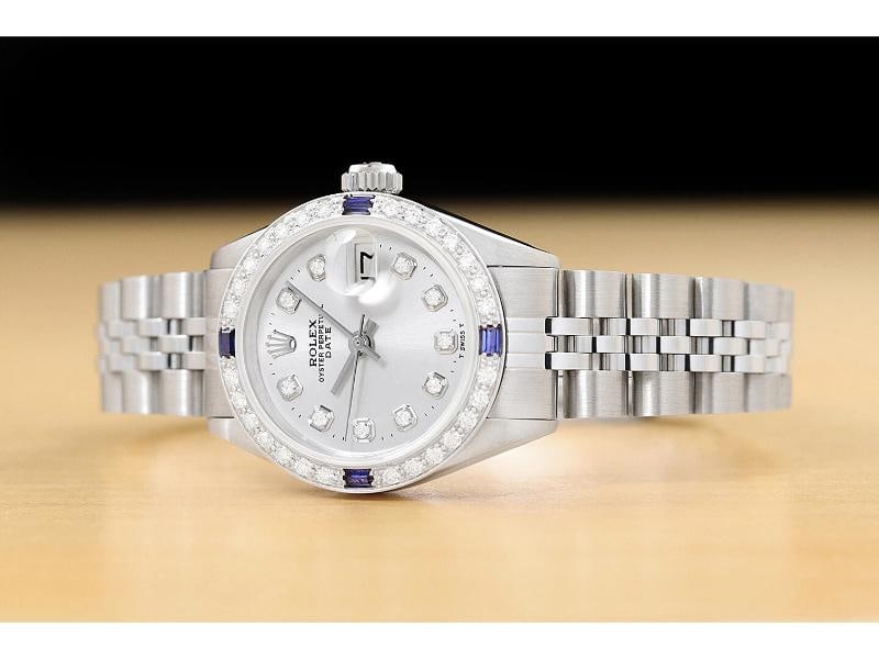 LADIES ROLEX DATE 6917 SILVER DIAL 18K WHITE GOLD SAPPHIRE DIAMOND STEEL WATCH - 2