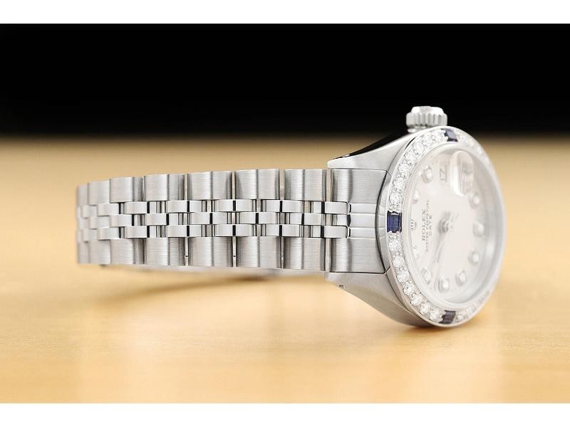 LADIES ROLEX DATE 6917 SILVER DIAL 18K WHITE GOLD SAPPHIRE DIAMOND STEEL WATCH - 6