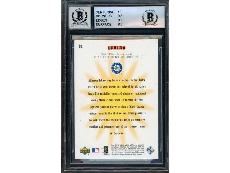Ichiro Suzuki Auto 2001 UD SP Authentic RC 91 BGS 9 Sig 10 ROY/MVP /1250 Beckett - 2