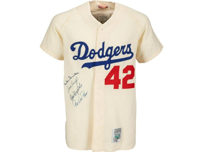 Sandy Koufax Don Drysdale Signed Jackie Robinson Brooklyn Dodgers Jersey JSA COA: Sport: Baseball-MLB,Player: Sandy Koufax,Autograph Authentication: James Spence Authentication (JSA),Original/Reprint: Original,Product: Jersey,Team: Brooklyn Dodgers,Country of Origin: United States 