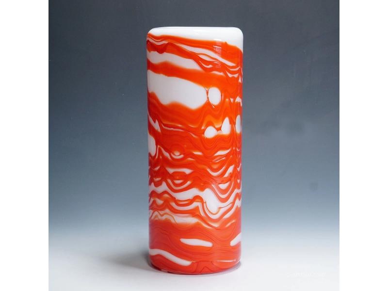 Mexico Vase by Toni Zuccheri for Venini 1970s: A rare vase of the Mexico series. Designed by Toni Zuccheri, manufactured by Venini, Venice in the 1970s. Thick 'pasta vitrea' glass in white and orange. With incised signature 'venini italia' on the