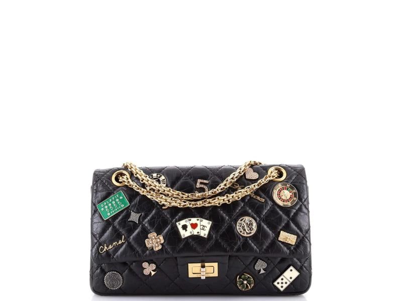 Chanel Lucky Charms Reissue 2.55 Flap Bag Quilted Aged Calfskin 225: Condition: Pre-owned - Good,Brand: Chanel,Exterior Material: Leather,Style: Shoulder Bags,Exterior Color: Black,Department: Women,Size: 225,Accessories: Dust Bag, Authenticity Card 