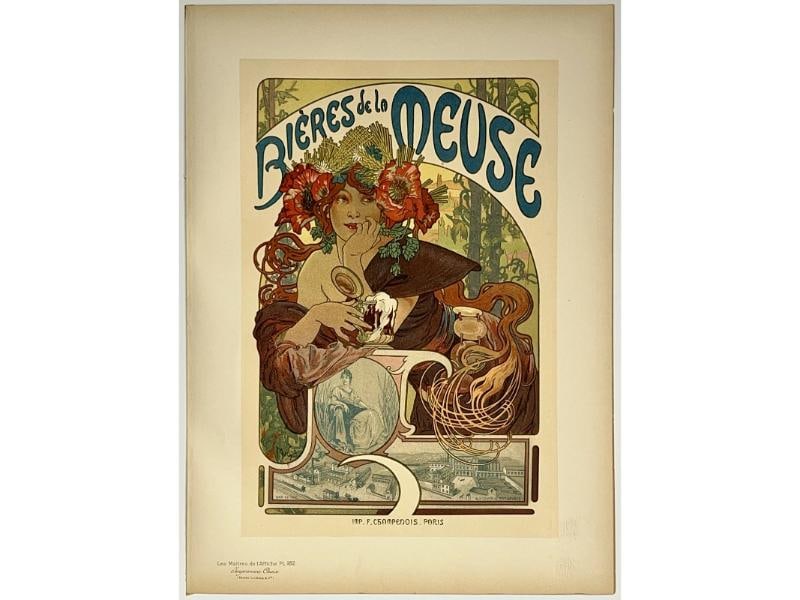 Original Vintage Poster BIERES DE LA MEUSE Maitres De L'Affiche Pl 182 MUCHA: Dimensions: 11.4 x 15.7 in. / 29 x 40 cm.; Circa 1899 Original Vintage "BIERES DE LA MEUSE" poster illustrated by ALPHONSE MUCHA printed circa 1899. This poster is Plate 182 of the Maitres de