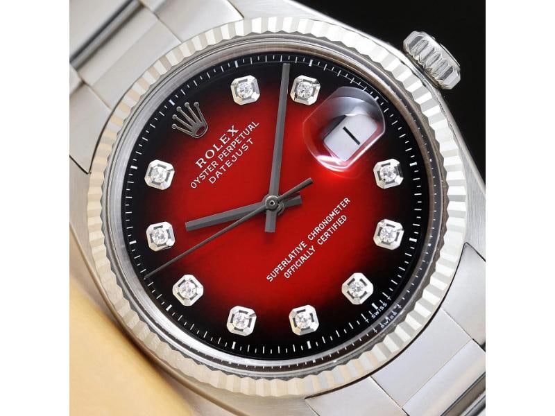 ROLEX MENS DATEJUST 18K WHITE GOLD STEEL RED VIGNETTE DIAMOND 1601 WATCH (1 of 9)