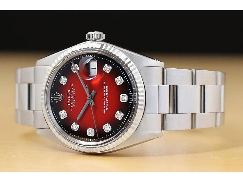 ROLEX MENS DATEJUST 18K WHITE GOLD STEEL RED VIGNETTE DIAMOND 1601 WATCH - 2