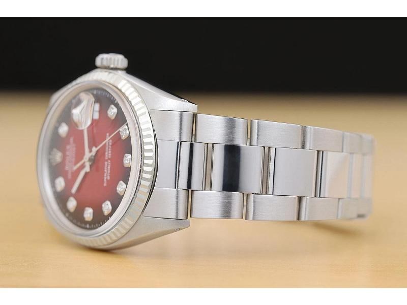 ROLEX MENS DATEJUST 18K WHITE GOLD STEEL RED VIGNETTE DIAMOND 1601 WATCH - 4