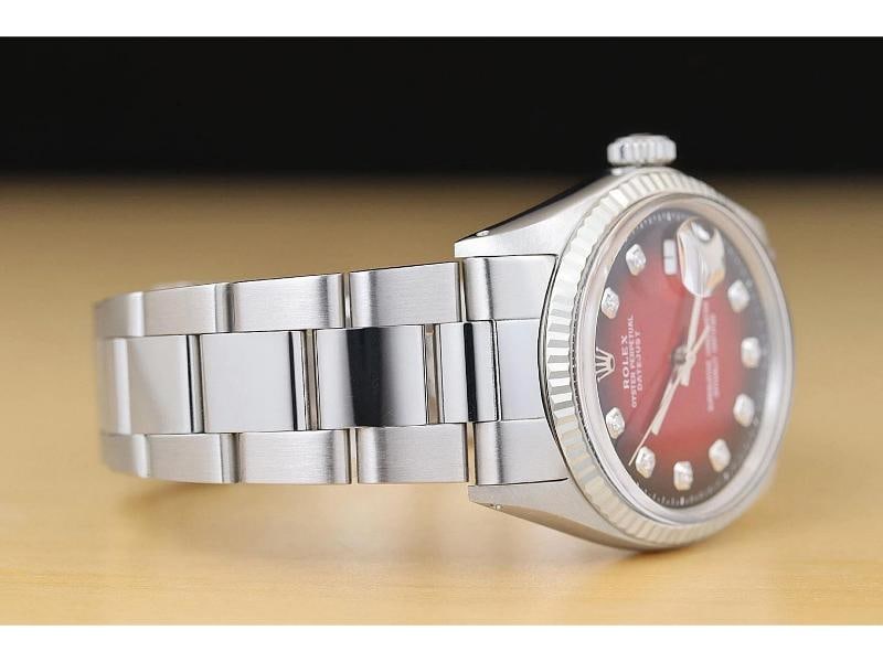 ROLEX MENS DATEJUST 18K WHITE GOLD STEEL RED VIGNETTE DIAMOND 1601 WATCH - 7