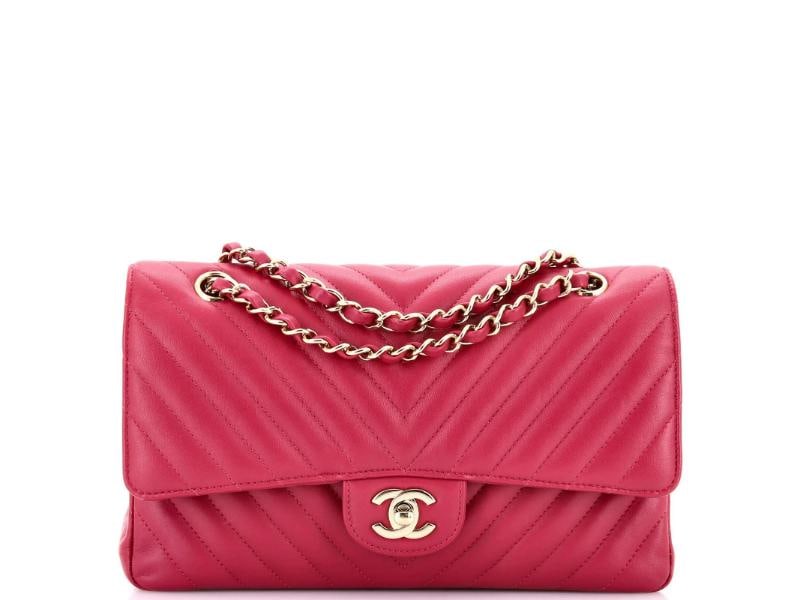 Chanel Classic Double Flap Bag Chevron Lambskin Medium: Condition: Pre-owned - Excellent,Brand: Chanel,Exterior Material: Leather,Style: Shoulder Bags,Exterior Color: Pink,Department: Women,Size: Medium 