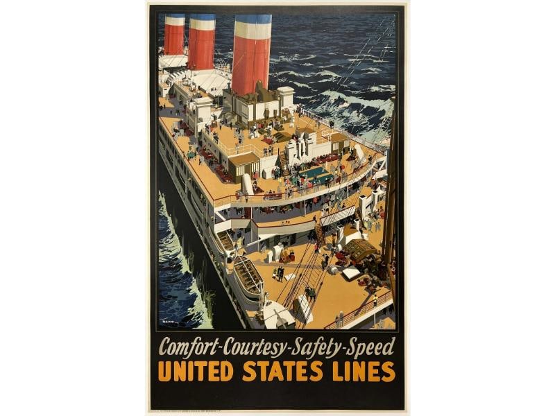 Original Vintage Poster UNITED STATES LINES LEVIATHAN Cruise Ship Travel OL: Dimensions: 25.25 x 40 in. / 64 x 101.5 cm.; Circa: 1925 Original vintage "COMFORT-COURTESY-SAFETY-SPEED - UNITED STATES LINES - LEVIATHAN" cruise ship travel poster, plate signed by its artist,