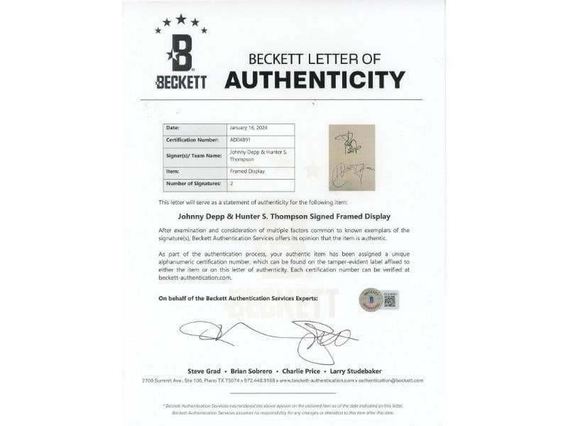 Hunter S. Thompson & Johnny Depp Authentic Signed Framed Display BAS - 4