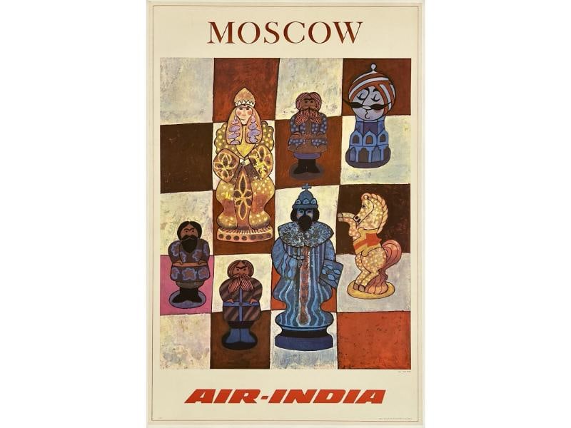 Original Vintage Poster MOSCOW - AIR INDIA Airline Travel Russia Tourism OL: Dimensions: 25.2 x 39.2 in. / 64 x 99.5 cm.; Circa: 1971 Original vintage "MOSCOW - AIR INDIA" airline travel poster, designed by WALTER GRIEDER, printed circa 1971. 