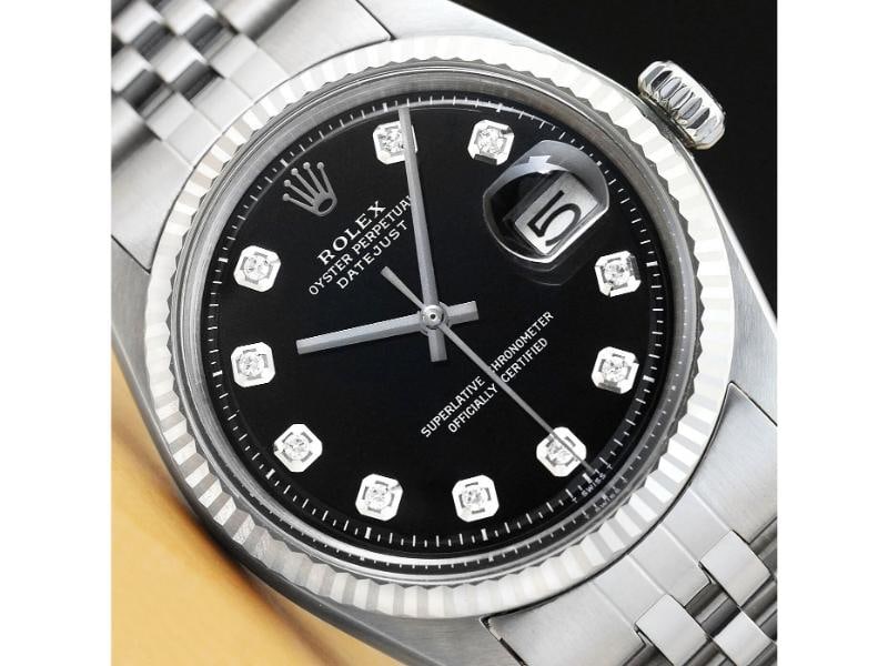 MENS ROLEX DATEJUST 1601 18K WHITE GOLD STAINLESS STEEL BLACK DIAMOND DIAL WATCH: Condition: Pre-owned - Good,Bezel Color: Silver,Max Wrist Size: 7.26-7.5 in,Number of Jewels: 26 Jewels,Indices: Diamond Markers, 12-Hour Dial, Multiple Hands,Band/Strap: Bracelet/Link Band,Case