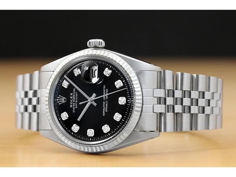 MENS ROLEX DATEJUST 1601 18K WHITE GOLD STAINLESS STEEL BLACK DIAMOND DIAL WATCH - 2