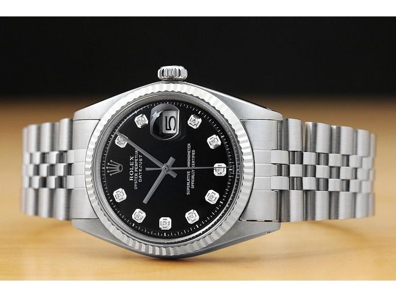 MENS ROLEX DATEJUST 1601 18K WHITE GOLD STAINLESS STEEL BLACK DIAMOND DIAL WATCH - 3