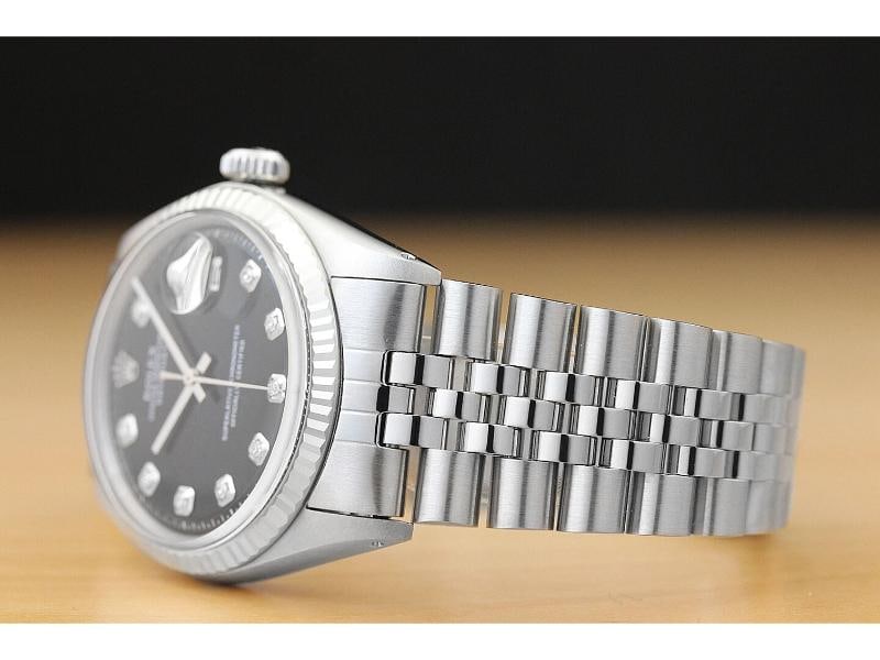 MENS ROLEX DATEJUST 1601 18K WHITE GOLD STAINLESS STEEL BLACK DIAMOND DIAL WATCH - 4