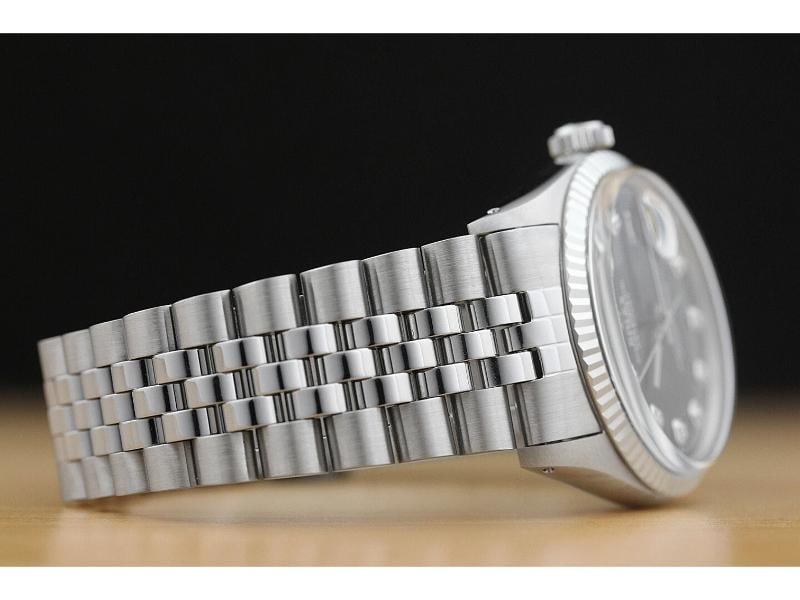 MENS ROLEX DATEJUST 1601 18K WHITE GOLD STAINLESS STEEL BLACK DIAMOND DIAL WATCH - 7