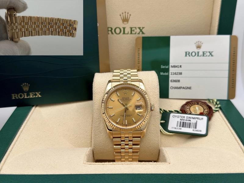 Rolex Datejust 116238 36mm Champagne Dial 18K Yellow Gold Jubilee Box Paper: Condition: Pre-owned - Excellent,Bezel Color: Gold, Yellow,Year Manufactured: 2010-2019,Band/Strap: Rolex Jubilee,Case Color: Gold, Yellow,Department: Men,Bezel Type: Fluted,Watch Shape: Round,Style: