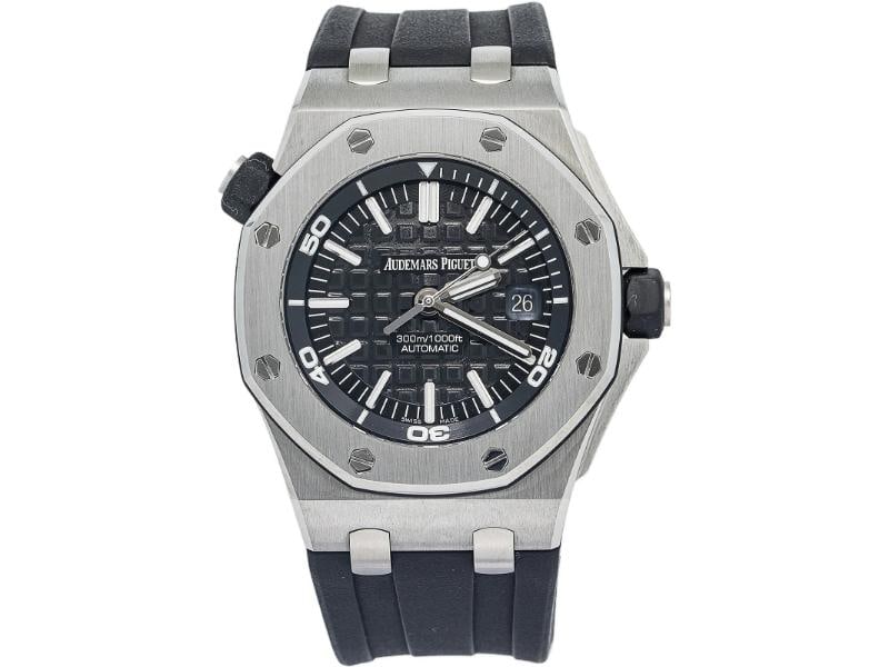 Audemars Piguet Royal Oak Offshore Diver 15703ST SS Black Dial Auto Men's 42mm: Condition: Pre-owned - Good: This item has been gently used but is in good condition. It might have a few signs of wear, like light scratches or tarnishing.,CROWN: Screw Down,Bezel Color: Silver,COUNT
