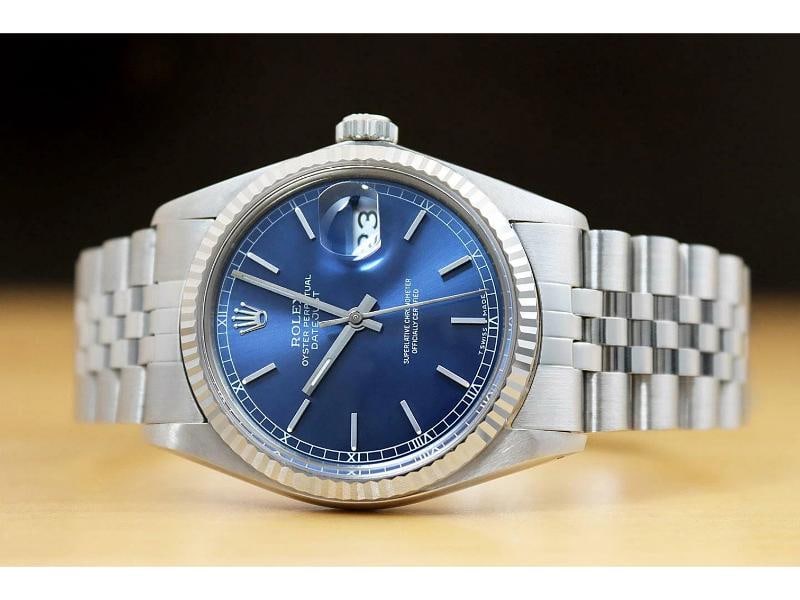 ROLEX MENS DATEJUST 16014 BLUE DIAL 18K WHITE GOLD STAINLESS STEEL WATCH - 2