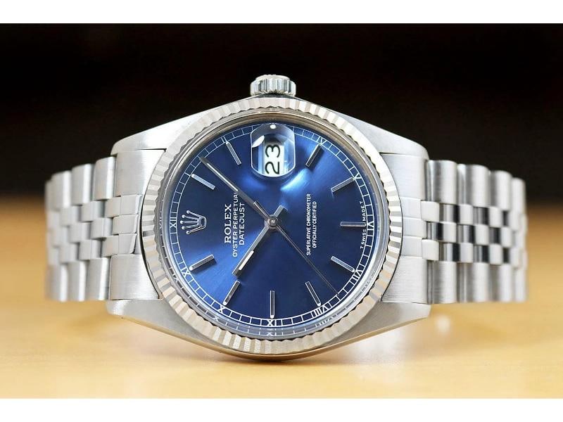 ROLEX MENS DATEJUST 16014 BLUE DIAL 18K WHITE GOLD STAINLESS STEEL WATCH - 3