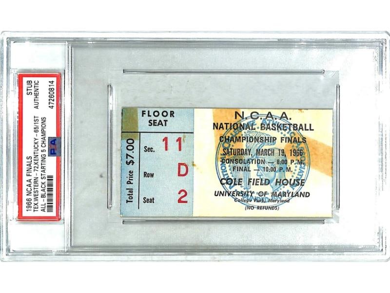 1966 NCAA Finals "GLORY ROAD" Texas Western vs. Kentucky Ticket Stub SLABBED PSA: Country of Origin: United States,Modified Item: Yes,Year: 1966,Grade: Ungraded,Sport: Basketball,Modification Description: Slabbed,Team-Basketball: Texas Western,Original/Reproduction: Original 