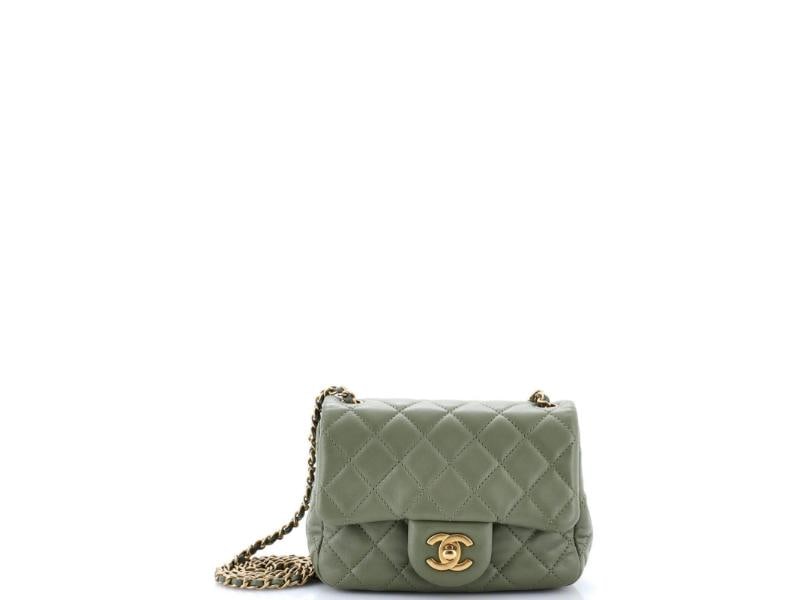 Chanel Pearl Crush Square Flap Bag Quilted Lambskin Mini: Condition: Pre-owned - Good,Brand: Chanel,Exterior Material: Leather,Style: Cross Body Bags,Exterior Color: Green,Department: Women,Size: Mini 