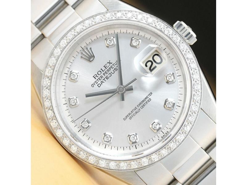 MENS ROLEX DATEJUST SILVER DIAL WATCH + 18K WHITE GOLD DIAMOND BEZEL: Condition: Pre-owned - Good,Bezel Color: Silver,Max Wrist Size: 7.26-7.5 in,Number of Jewels: 26 Jewels,Indices: Diamond Hour Marks, 12-Hour Dial, Multiple Hands,Bezel: Custom 18K White Gold Diamond B