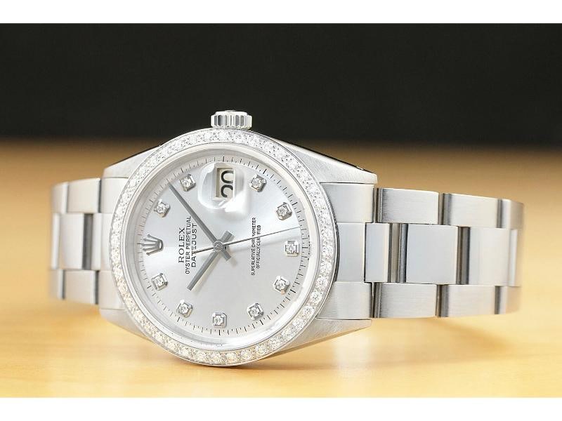 MENS ROLEX DATEJUST SILVER DIAL WATCH + 18K WHITE GOLD DIAMOND BEZEL - 2
