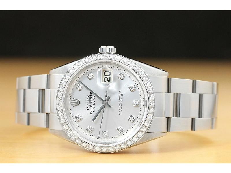 MENS ROLEX DATEJUST SILVER DIAL WATCH + 18K WHITE GOLD DIAMOND BEZEL - 3
