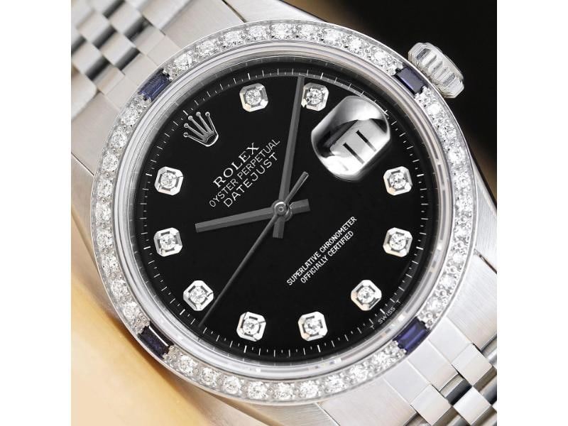 ROLEX MENS DATEJUST 1603 18K WHITE GOLD DIAMOND SAPPHIRE STEEL BLACK WATCH: Condition: Pre-owned - Good,Bezel Color: Silver,Max Wrist Size: 7.26-7.5 in,Number of Jewels: 26 Jewels,Indices: Diamond Markers,Bezel: Custom 18K White Gold Diamond and Sapphire Bezel,Band/Strap: