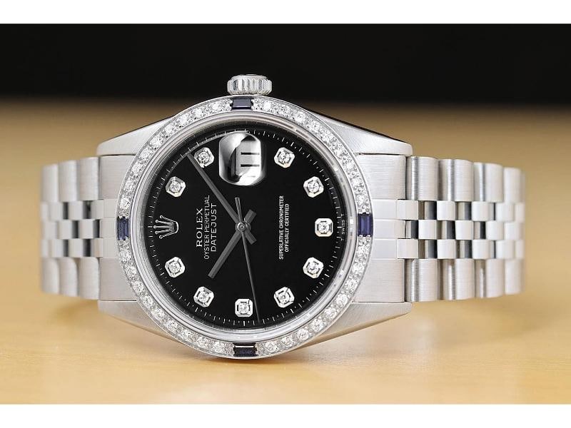 ROLEX MENS DATEJUST 1603 18K WHITE GOLD DIAMOND SAPPHIRE STEEL BLACK WATCH - 3
