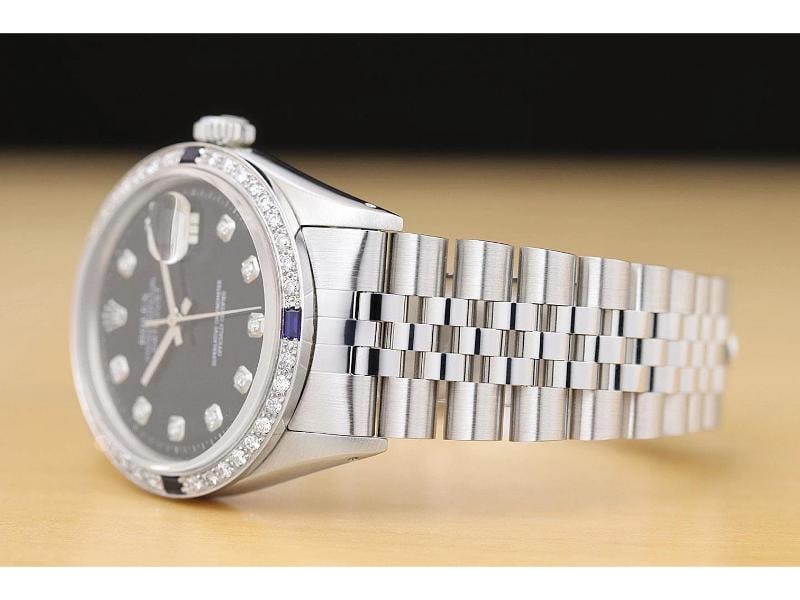 ROLEX MENS DATEJUST 1603 18K WHITE GOLD DIAMOND SAPPHIRE STEEL BLACK WATCH - 4