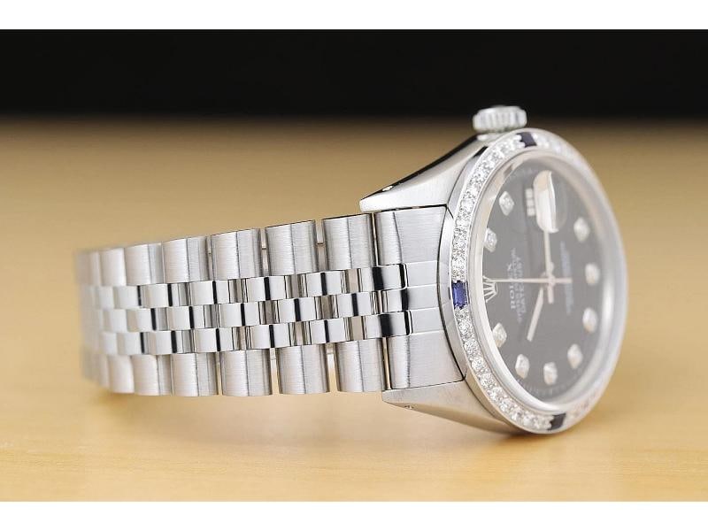 ROLEX MENS DATEJUST 1603 18K WHITE GOLD DIAMOND SAPPHIRE STEEL BLACK WATCH - 6