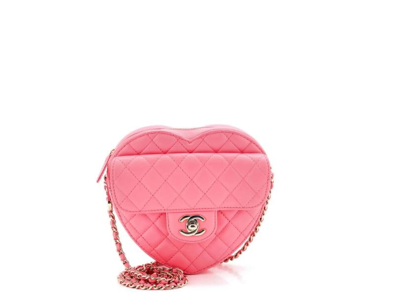 Chanel CC in Love Heart Bag Quilted Lambskin: Condition: Pre-owned - Excellent,Brand: Chanel,Exterior Material: Leather,Style: Cross Body Bags,Exterior Color: Pink,Department: Women,Size: Unknown,Accessories: Dust Bag 