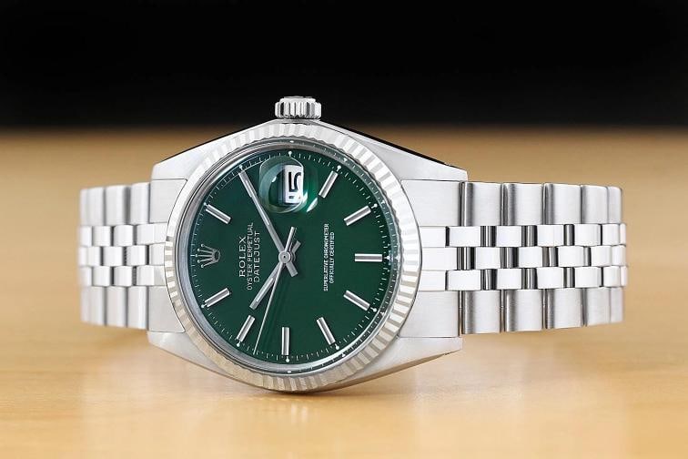 ROLEX DATEJUST 1601 18K WHITE GOLD STEEL GREEN DIAL FOLDED BRACELET WATCH - 2
