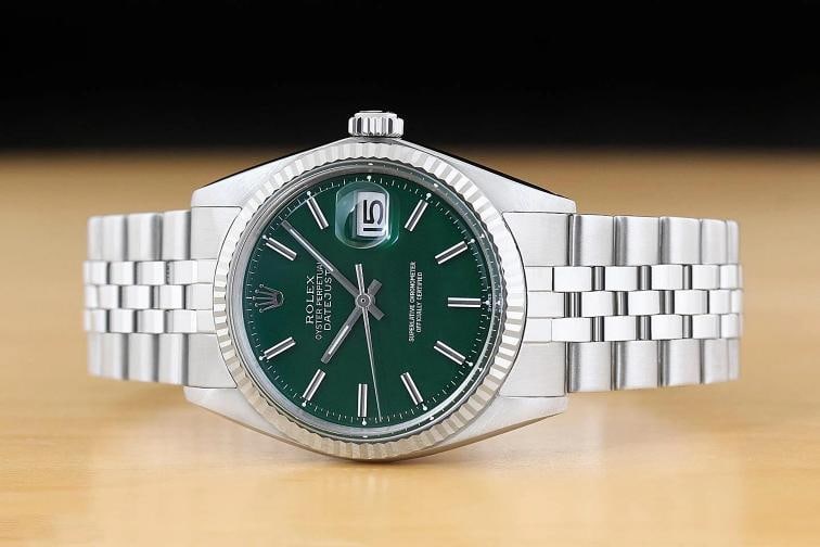 ROLEX DATEJUST 1601 18K WHITE GOLD STEEL GREEN DIAL FOLDED BRACELET WATCH - 3