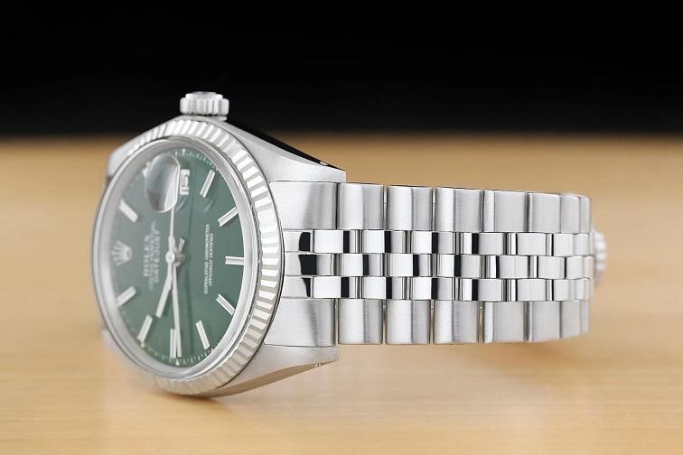 ROLEX DATEJUST 1601 18K WHITE GOLD STEEL GREEN DIAL FOLDED BRACELET WATCH - 4