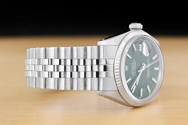 ROLEX DATEJUST 1601 18K WHITE GOLD STEEL GREEN DIAL FOLDED BRACELET WATCH - 7