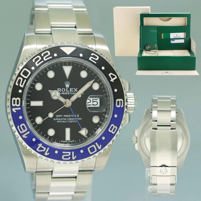 2015 MINT Papers Rolex GMT Master II 116710 BLNR Steel Ceramic Batman Blue Watch: Brand Rolex (Guaranteed Authentic) Model GMT Master II Serial Number Random Serial Reference Number 116710BLNR Gender Men's Metal Stainless Steel Case Size 40mm Wrist Size Will fit an 8" inch wrist.