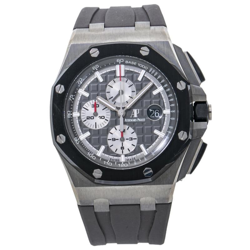 Audemars Piguet Royal Oak Offshore 26400IO Complete SS Grey Dial Auto Men 44mm: Case Size 44mm Wrist Fit 7.75 inches Box Yes Papers Yes Condition Ã¢â¬â Used - Like New Full Specifications Brand Audemars Piguet Customized No Serial # JP4xxxx Gender Men
