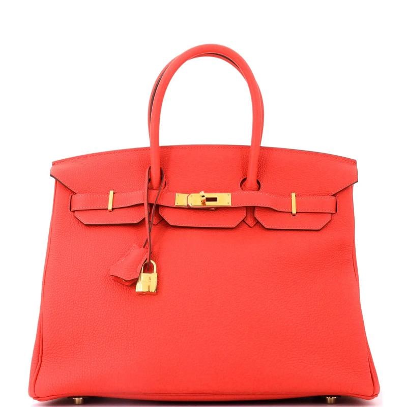 Hermes Birkin Handbag Red Togo with Gold Hardware 35: Accessories: Clochette, Lock, Keys, Dust Bag Measurements: Height 10", Width 14", Depth 7". Condition: Pre-owned - Excellent,Brand: Hermes,Exterior Material: Leather,Style: Totes,Exterior Color:
