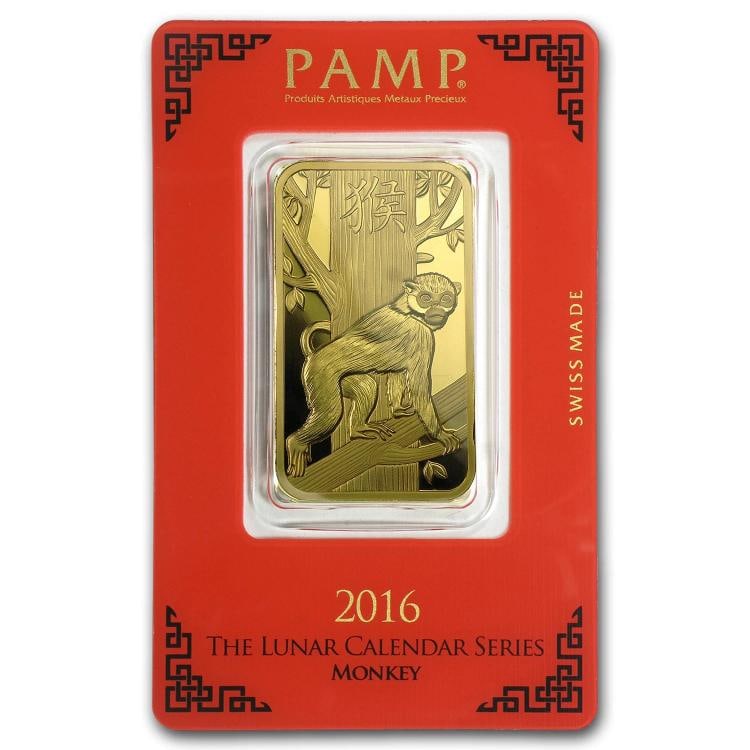 2016 1 oz Gold Bar - PAMP Suisse Year of the Monkey (In Assay): Brand: Pamp Suisse,MPN: 92810,Year: 2016,Fineness: 0.9999,Denomination: 1 oz,Country of Origin: Switzerland,Circulated/Uncirculated: None,Certification: Uncertified 