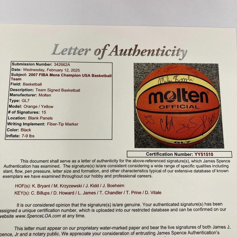 Kobe Bryant 2007 Team USA Signed Basketball 15 Sigs Olympics JSA COA - 12