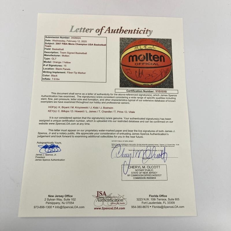 Kobe Bryant 2007 Team USA Signed Basketball 15 Sigs Olympics JSA COA - 2